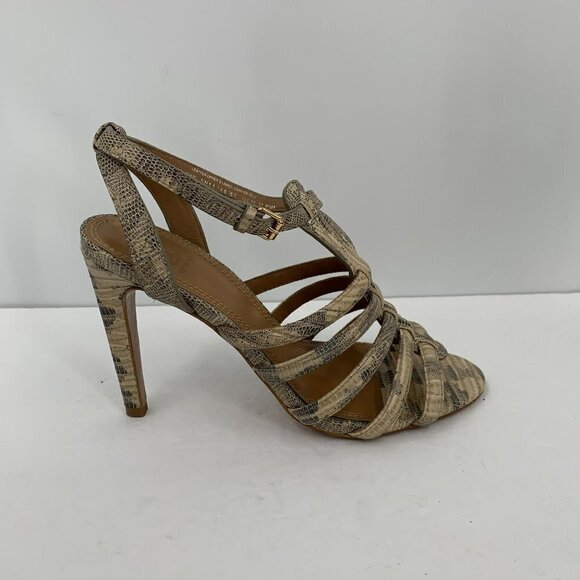 Tory Burch Charlene leather cream snake strappy heel sandal cage tan 8.5 - Picture 1 of 7